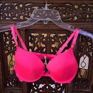 PINK WITH BLACK BOW MIDDLE BRA 34C 90% POLYESTER 10% SPANDEX